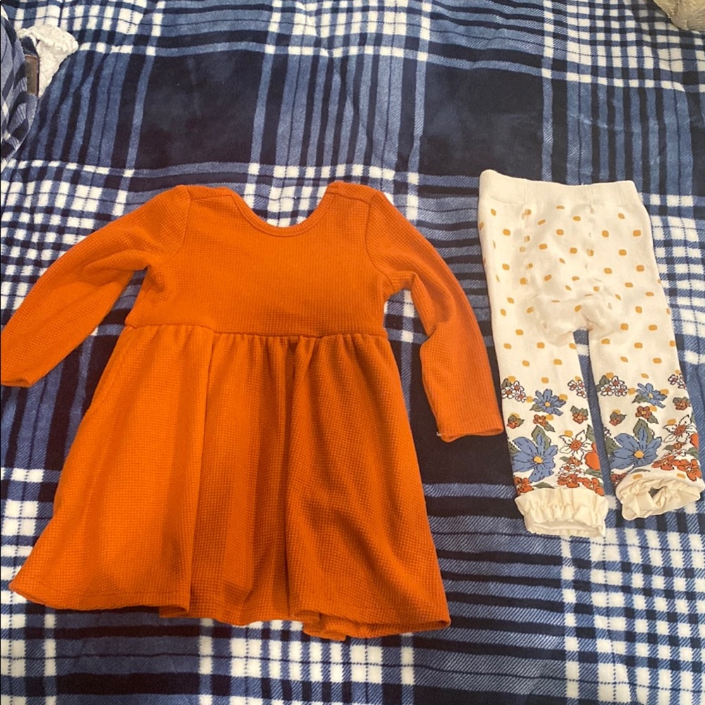 RuffleButts Orange Rust Dress and Floral Leggings Set 18-24 m